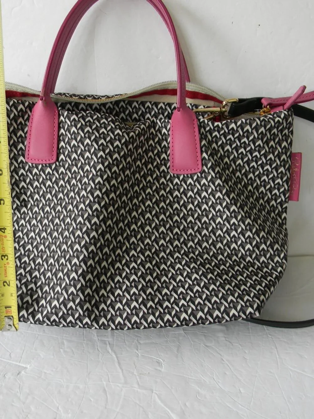 ROBERTA PIERI  NYLON/LEATHER BLACK/WHITE GEOMETRIC SATCHEL/CROSSBODY BAG ITALY